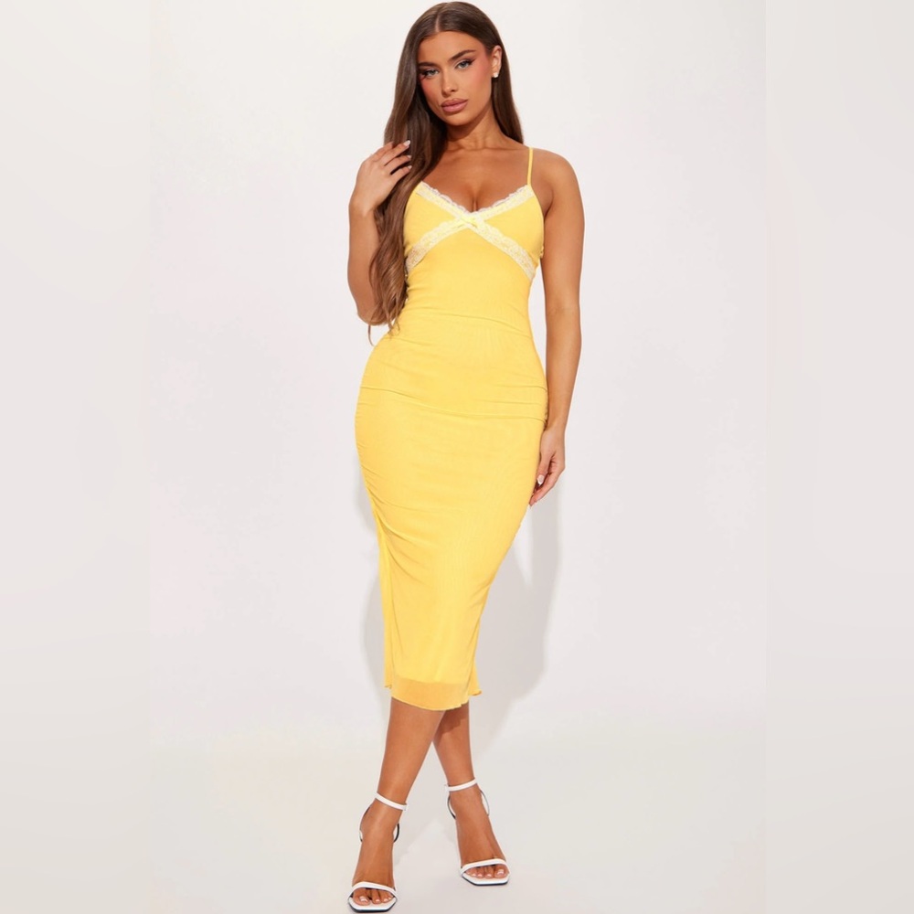 Yellow Midi Dress with Lace Trim